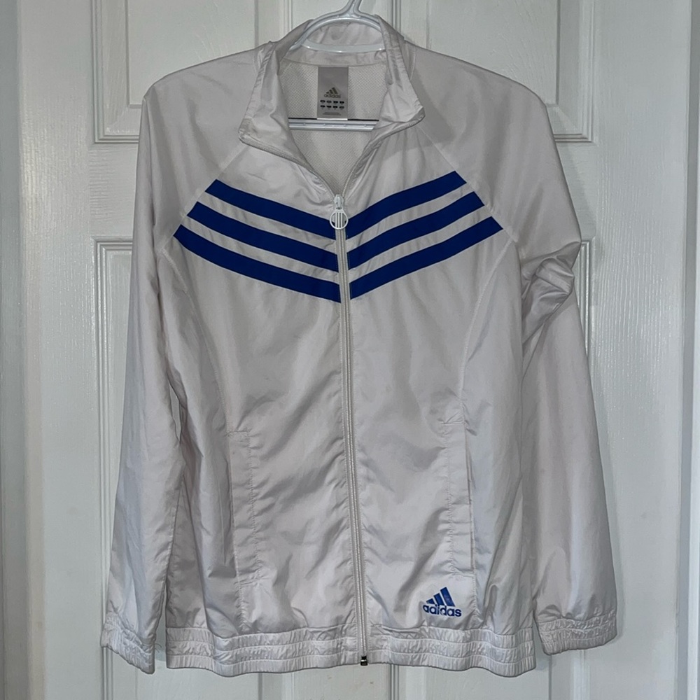 Women’s Adidas Light Zipped Windbreaker Jacket, Small, white, blue